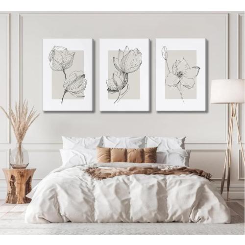 3Pcs Neutral Botanical Canvas Wall Art Beige Simple floral Painting Pictures Wall Decor Vintage Line flower Poster Print Artwork for Living Room Bedroom Bathroom Scene Home Decoration