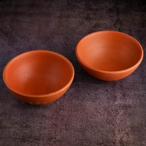 SWADESHI BLESSINGS Exclusive Range Unglazed Clay Serving Bowl Set/Terracotta Bowls/Earthen Snack Bowl/Small Yogurt Pots/Mud Bowls, 4.5Inches(Set of 2)one spoon and the plate