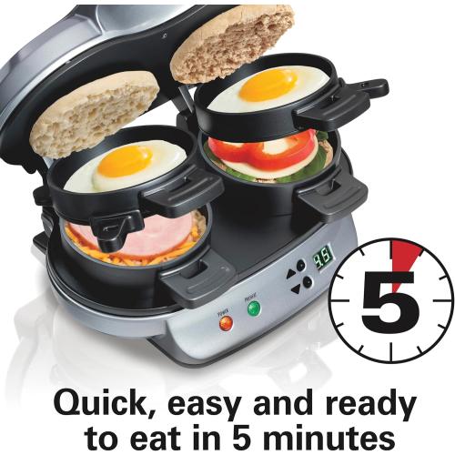 Hamilton Beach Dual Breakfast Sandwich Maker with Timer, Ready in 5 Minutes, Removable Dishwasher Safe PFAS-Free Non-Stick Egg Cooker Ring, Silver (25490MNA)