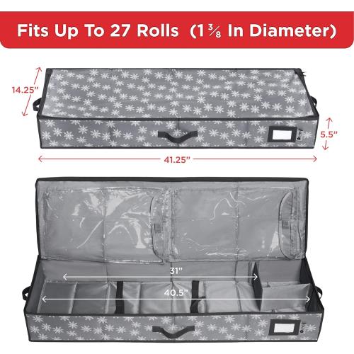 HOLDN’ STORAGE Premium Wrapping Paper Storage Container - Durable 600D Tear-Proof, Fits 27 Rolls Gift Wrap, Extra Pockets for Ribbons & Bows, Underbed Storage - Ideal for Holiday Christmas, Grey/White Snowflakes