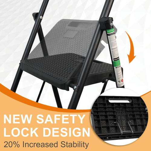 Black 3 Step Ladder, Protable Steel Folding Stool with Wide Anti-Slip Pedal, 500lbs Sturdy Steel Ladder