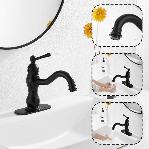 Matte Black Bathroom Faucet GGStudy 360° Swivel Bathroom Vanity Faucet Single Handle One Hole Black Bathroom Sink Faucet Basin Matching Pop Up Drain with Overflow