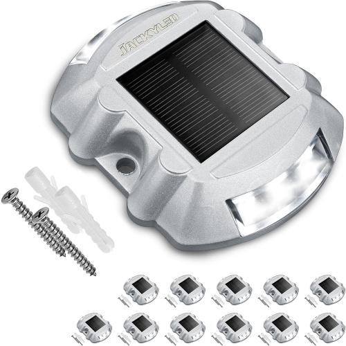 SILVER JACKYLED 12 Pack Upgraded Solar Driveway Marker Lights with Switch Outdoor Solar Powered Deck Waterproof LED Boat Dock Lights Aluminium Warning Step Lighting for Path Walkway, Bright White