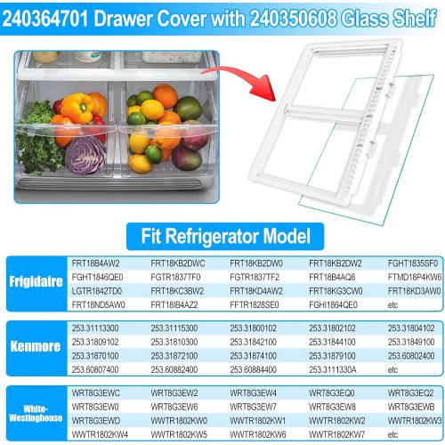 UPGRADED 240364701 Refrigerator Crisper Drawer Cover Frame with 240350608 Crisper Glass Replacement Compatible with Frigidaire Refrigerator Crisper Drawer Replacement, Fridge Crisper Pan Drawer Cover