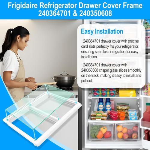 UPGRADED 240364701 Refrigerator Crisper Drawer Cover Frame with 240350608 Crisper Glass Replacement Compatible with Frigidaire Refrigerator Crisper Drawer Replacement, Fridge Crisper Pan Drawer Cover