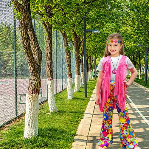 8 Pcs Girls Kids 60s 70s Hippie Costume Disco Outfits Fringe Vest Boho Bell Bottoms Hippie Outfits Accessories Set xl