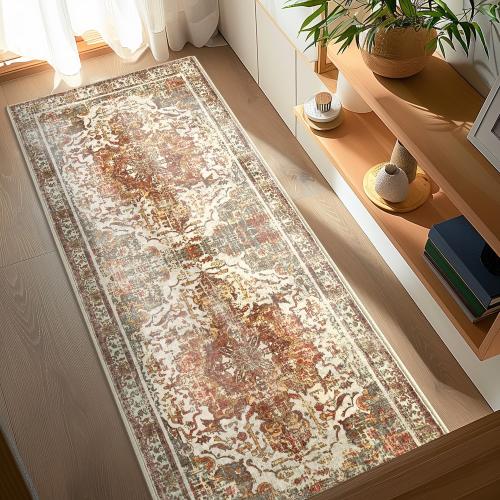 Size 2'x5' Color Khaki Boho Washable Kitchen Rug, Non-Slip Soft Low Pile Rugs Indoor for Entrance Bedroom Bathroom Living Room,Vintage Throw Hallway Carpet Stain Resistance (Khaki, 2x5ft)