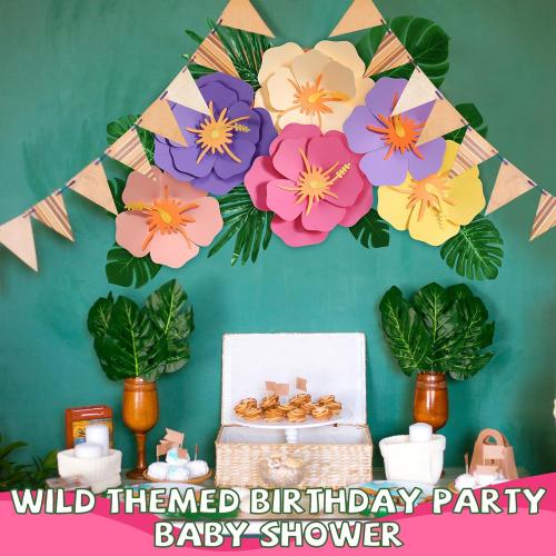 Lincia 40 Pcs Hawaiian Hibiscus Decorations Large Paper Flowers and Artificial Tropical Leaves, 11.8''/7.9'' Jumbo 3D Paper Flowers Faux Leaves for Luau Party Birthday Wedding (Classic Color)
