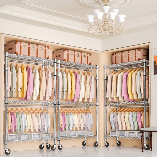 Size 17.7 D x 47.2 W x 83.6 H Heavy Duty Rolling Garment Rack 3 Tiers Adjustable Wire Shelving Clothes Rack with 2 Rods and Side Hooks, Storage Closet Clothing Rack with Wheels Chrome 17.7 D x 47.2 W x 83.6 H