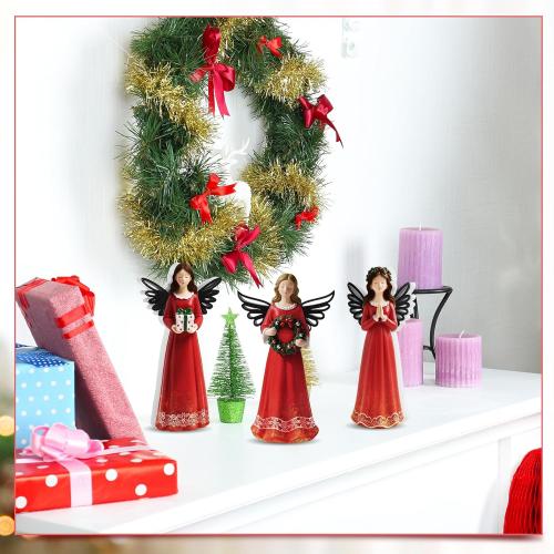 3 Pcs Christmas Angel Figurine Wooden Angel Statues Figurine Christmas Sculpted Wings with Wreath Table Decoration for Xmas Gifts Home Office Decor Party Supplies