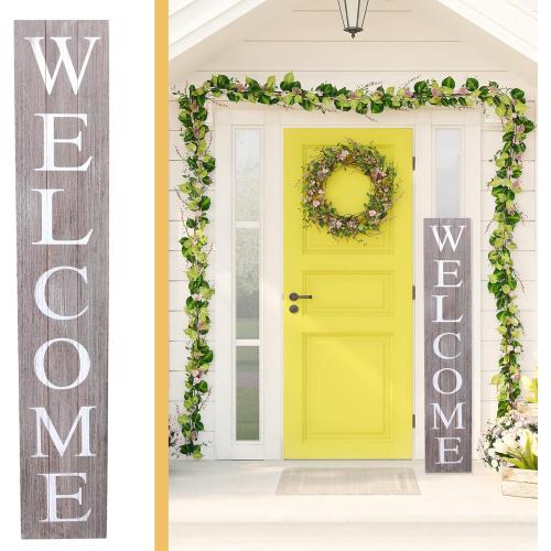 ALBEN Premium Extra Large Welcome Sign for Front Door Porch – 5 Feet Tall (58 x 11) Standing Vertical Wooden Sign, Indoor Home Decor Wall Decorations (Gray)