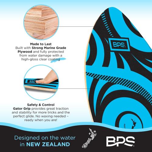 BPS New Zealand ‘Koru’ Skimboard with Colored EVA Grip Pad and High Gloss Clear Coat Wooden Skim Boards for Kids and Adults | Choose from 3 Sizes and Traction Pad Color