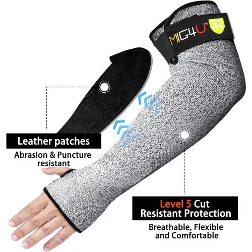 MIG4U Cut Resistant Sleeves with Leather Patches, Arm Safety Protection for Men and Women Thin Skin, Anti Puncture Level 5 Protective Arm Sleeve in Gardening, Farm, Welding, 18''