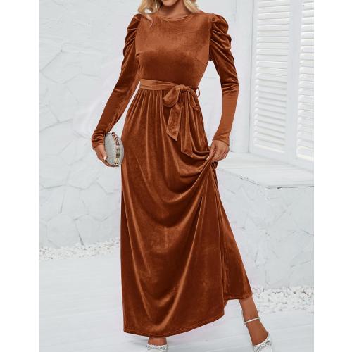 Size  S....Women's Velvet Maxi Dress Fall 2025 Long Puff Sleeve Crew Neck Elastic High Waist Cocktail Party Bridesmaid Dresses