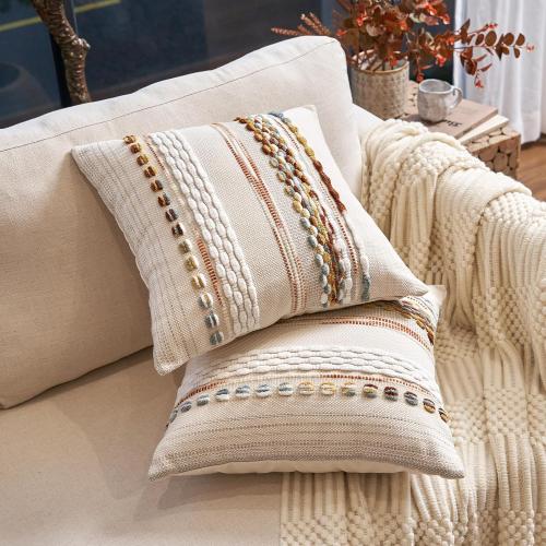 Aeckself Boho Throw Pillow Covers Set of 2, Farmhouse Decorative Striped Square Pillow Covers Chenille Tufted Pillow Cases Accent Neutral Pillowcase for Living Room Couch Bed, Orange White