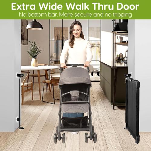 No Drill Baby Gate for Stairs No Bottom Bar, 34-55” Punch Free Dog Gate with Large Walk Thru Door, Mesh Dog Gate for The House, Swing & Dual Openings, No Drilling Pet Gates for Doorways, Black