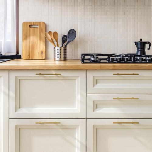 QOGRISUN 5-Pack Solid Brass Cabinet Pulls, Gold Euro Style T Bar Handles, 6-1/4-Inch Hole Center for Kitchen Drawer Dresser Cupboard, 8.7-Inch Total Length, Brushed Brass Finish