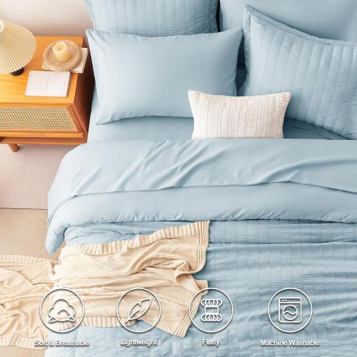 CozyLux King Size Comforter Set Light Blue Seersucker 7 Pieces Bed in a Bag King Comforter Set with Sheets, Luxury Bedding Set with Down Alternative Comforter, Sheets, Pillowcases & Shams All Seasons