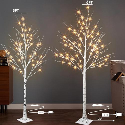 PEIDUO Set of 2 Lighted Birch Tree, Prelit White Christmas Tree, Light Up Artificial Trees with Dimmable & Timer, Twinkling Twig Tree with LED Lights for Home Decorations Outdoor Indoor Decor 5FT 6FT