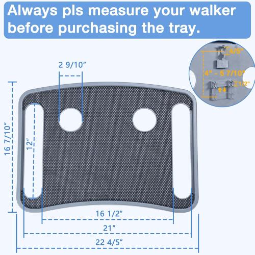 Walker Tray for Seniors with Dual Cup Holders, Side Pouch and Non-Slip Pad, Lightweight Durable Food & Drink Table, Compatible with Walker of 10210-1 Model (Gray)