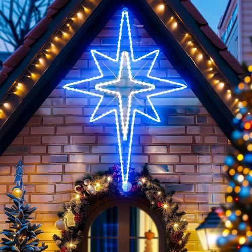 Large Bethlehem Star Motif Light 43-inch, Christmas Outdoor Decoration Waterproof LED Star Sign Super Bright, for Nativity Scenes Window Wall Front Door Roof Home Party, Blue&White