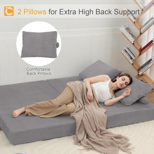 COMAX Convertible Sofa Bed Queen, Folding Floor Couch Corduroy Fold Out Couch Bed Futon Sleeper Mattress with Pillows, Boneless Sofa Comfy Lounge Loveseat for Living Room Bedroom, Light Grey