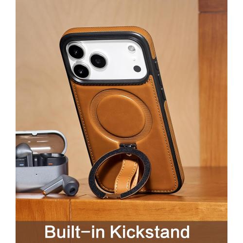 Butaiga for iPhone 17 Pro Leather Case with Stand, Anti-Slip Grip Ring, Fits for MagSafe (Brown, iPhone 17 Pro)
