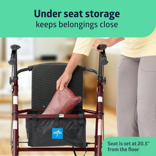 Medline Steel Rollator Walker for Adult Mobility Impairment, Burgundy, 350 lb. Weight Capacity, 8” Wheels, Foldable, Adjustable Handles, Rolling Walker for Seniors