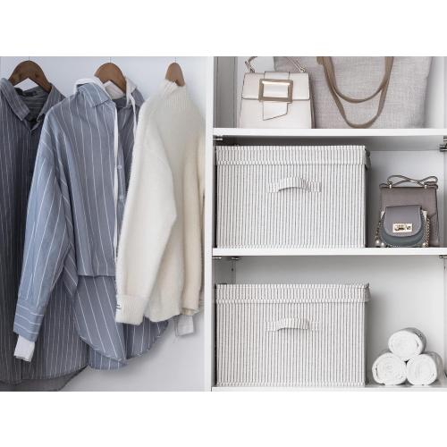 StorageWorks Fabric Storage Bins with Lid, Decorative Storage Boxes for Shelves, Stackable Closet Organizer Basket with Handles, Large, Stripes, 2-Pack