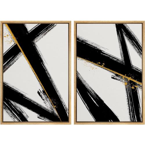 SIGNWIN Framed Canvas Print Wall Art Set Graffiti Black Gold Paint Stroke Collage Abstract Shapes Illustrations Art Decorative Contemporary for Living Room, Bedroom, Office - 16x24x2 Natural