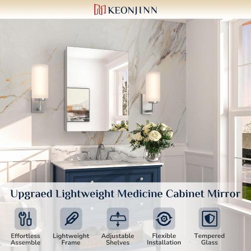 Keonjinn 20 x 26 Inch Medicine Cabinet for Bathroom, Silver Mirrored Medicine Cabinet, Assembly Required, Freely Adjustable Shelves, Tempered Glass, in Wall or Surface Mount