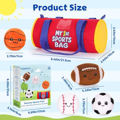 My 1st Sports Bag Plush Toy Playset with Soft Stuffed Balls, Basketball Baseball Football Soccer Ball Plush, Sensory Baby Toys for Toddlers Boys Girls (Sports Bag)