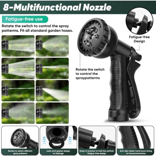 Garden Hose 100FT, Non-Expanding, Lightweight Hose With 8 Function Nozzle, Leak-Proof, No-Knot, Easy to Carry, Wear-Resistant, Sturdy, Flexible, 3/4GHT, Water Hose for Yard, Garden, Outdoor