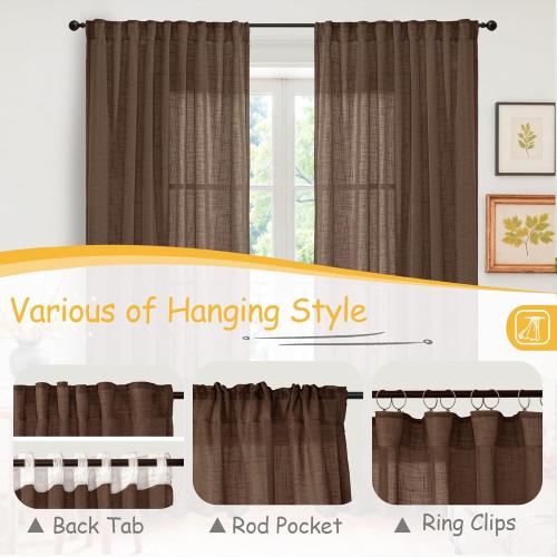 YoungsTex Brown Linen Curtains 84 Inch Length for Living Room - Chocolate Light Filtering Drapes Semi Sheer with Rod Pocket Back Tab for Bedroom, 2 Panels, 52 X 84 Inch