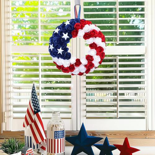 Silk Roses 4th of July Wreath, Red White Blue Patriotic Wreaths for Front Door, Memorial & Independence Day Decorations, Americana Decor for Front Porch Wall Window Indoor Outdoor (13”)
