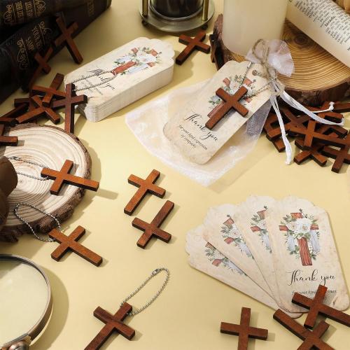 Tradder 100 Set Funeral Favor for a Memorial Service with 100 Wooden Cross Keychain Funeral Thank You Card Organza Bag Guest Sympathy Gift for Remembrance Bereavement Celebration of Life(Cross)