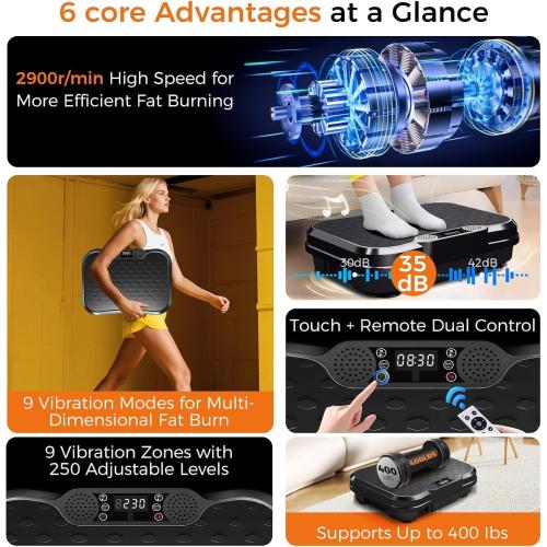 Vibration Plate Exercise Machine | Vibrating Plate for Lymphatic Drainage, 250 Speed Levels Shake Plate, 400 Lbs Capacity Full Body Workout for Home Women Men