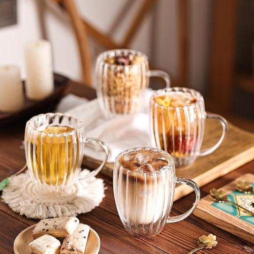 Double Wall Glass Coffee Mugs, 4pcs, 12oz, Classic Vertical Stripes, Aesthetic Tea Cups, Insulated Glass for Hot or Cold Drinks, Origami Style, Gift Boxed