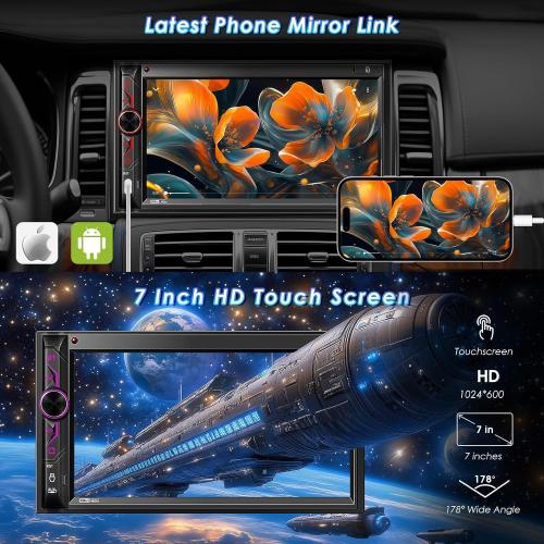Double Din CarPlay Multimedia System: 7 Inch Touchscreen Car Stereo Receiver – Bluetooth Android Auto Car Radio with Backup Camera Mirror Link AM FM USB SD AUX Subwoofer Steering Wheel Control