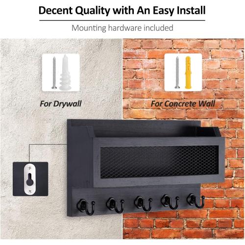 Nekon Mail and Key Holder for Wall Decorative, 11 Inch Wooden Wall Key Organizer with 5 Key Hooks, Wall Mount Storage Shelf for Entryway Hallway (Black)