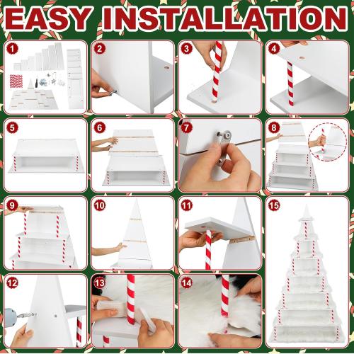 8 Tier Christmas Village Display Shelves 5.2ft Large Christmas Tree Corner Shelf a Shaped Bookcase with 8 Pcs Artificial Snow Blanket LED String Light Xmas Display Stand for Holiday