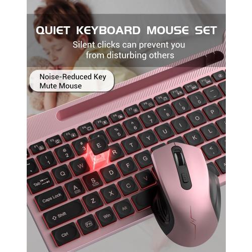 Pink and Black Wireless Keyboard Mouse Combo, Full Size Ergonomic Keyboard with Backlit, Wrist Rest, Calculator, Phone Holder, 2.4Ghz Silent Cordless Rechargeable Keyboard & Mouse for Laptop, PC (Pink Black)