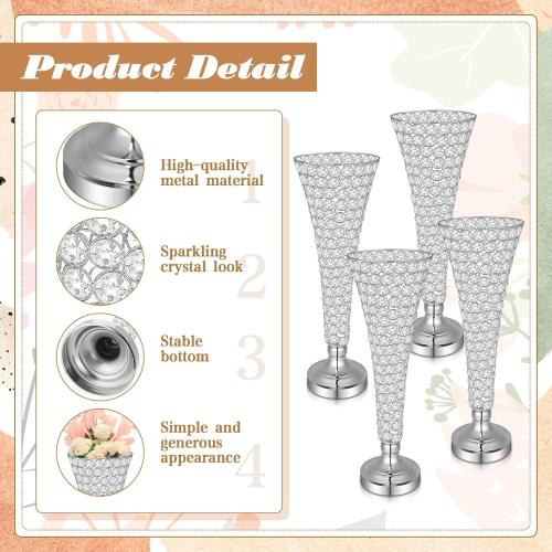 Rtteri 4 Pcs 20 Inch Tall Crystal Vase for Centerpieces Wedding Christmas Metal Crystal Trumpet Flower Vase Stand for Holiday Table Floor Wedding Banquet Celebration, Classic Elegance(Silver)