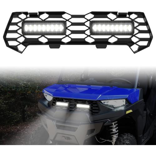 SAUTVS Front Mesh Grill with Accent Light for Ranger SP 570, Waterproof Black Mesh Grille with LED Light Bar for Polaris Ranger SP 570 / Crew SP 570 2022 2023 2024 2025 2026 Accessories (1PCS)