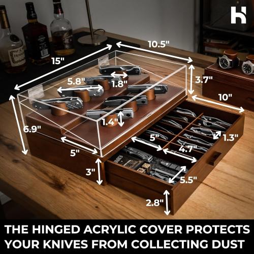 Premium Pocket Knife Display Case for 30 Knives - Large Wooden Knife Organizer, Storage & Holder with Unique Pillars, Hinged Cover, Drawer - Knife Collection Box - Handcrafted for Men