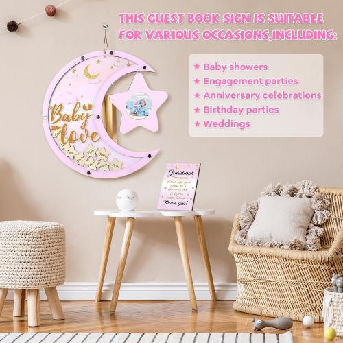 Baby Shower Guest Book Alternatives Moon Guest Book for Baby Shower Guest Book Frame with Star Baby Shower Decorations Guest Book Alternative for Wedding Boys Girls Birthday Party Keepsake(Pink)