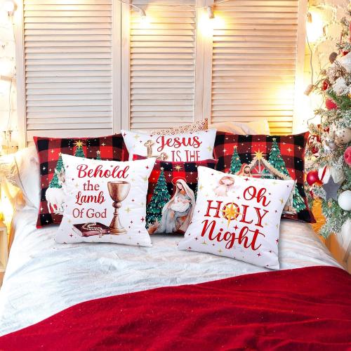 6 Pcs Christmas Pillow Covers 18x18 Inch Religious Nativity Scene Throw Pillowcase Jesus is The Reason for The Season Cushion Case Red Black Buffalo Plaid Christmas Decor for Couch Sofa Decor