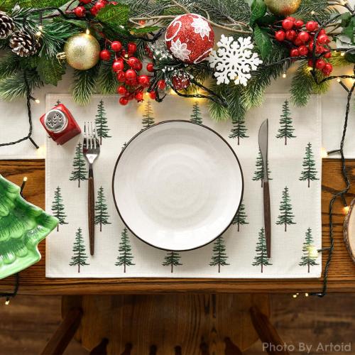 Artoid Mode Green Xmas Pine Christmas Placemats Set of 4, 12x18 Inch Seasonal Christmas Table Mats for Party Kitchen Dining Decoration