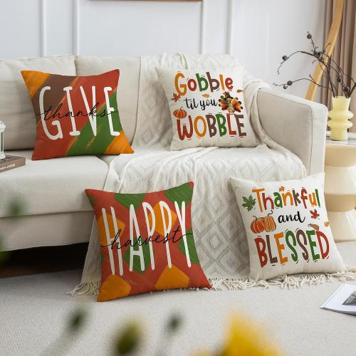 Thanksgiving Turkey Pumpkin Throw Pillow Covers 18 x 18 Set of 4 Give Thanks Cushion Case for Autumn Home Outdoor Sofa Couch Decorations