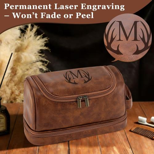 Laser-Engraved Initial Mens Toiletry Travel Bag, Corporate Gifts for Clients Boss Colleague Employee Appreciation Gifts Birthday Party Favor Waterproof Shaving Bag for Men (Reddish Brown S)